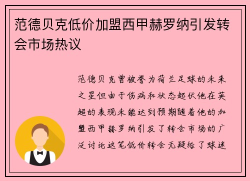 范德贝克低价加盟西甲赫罗纳引发转会市场热议