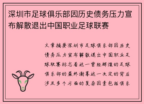 深圳市足球俱乐部因历史债务压力宣布解散退出中国职业足球联赛 深圳市足球俱乐部因历史债务压力宣布解散退出中国职业足球联赛
