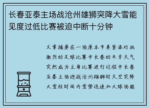 长春亚泰主场战沧州雄狮突降大雪能见度过低比赛被迫中断十分钟